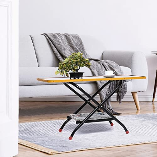Livzing Height Adjustable Foldable Tea Table - Wooden Center Table - Powder Coated Metal Side Table/Coffee Table/Bedside Table For Home Office - Portable Laptop Table With Storage Rack - Brown