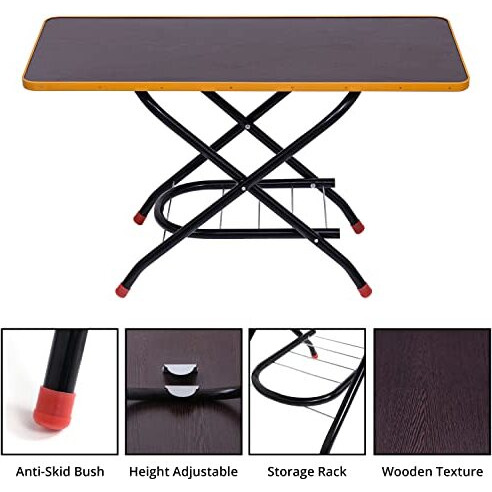Livzing Height Adjustable Foldable Tea Table - Wooden Center Table - Powder Coated Metal Side Table/Coffee Table/Bedside Table For Home Office - Portable Laptop Table With Storage Rack - Brown