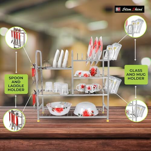 Slimshine Stainless Steel Kitchen Dish Rack | Plate Cutlery Stand | Kitchen Utensils Rack | Modern Kitchen Storage Rack (25 X 25) Inch, Silver