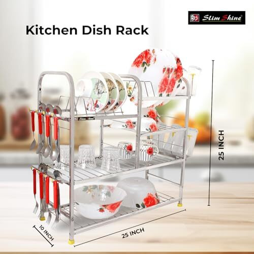 Slimshine Stainless Steel Kitchen Dish Rack | Plate Cutlery Stand | Kitchen Utensils Rack | Modern Kitchen Storage Rack (25 X 25) Inch, Silver