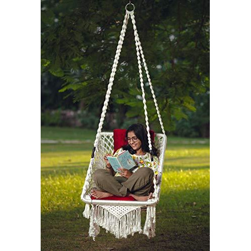 Patiofy Rectangle Shape Swing/Swing For Balcony/Swing Chair For Adults For Home/Hammock Swing For Adults/Jhoola Jhula W/ Red Square Cushion & Hanging Kit- White-Polyester,91 Cm,66 Cm,156 Cm