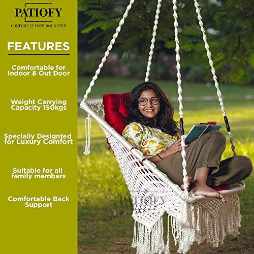 Patiofy Rectangle Shape Swing/Swing For Balcony/Swing Chair For Adults For Home/Hammock Swing For Adults/Jhoola Jhula W/ Red Square Cushion & Hanging Kit- White-Polyester,91 Cm,66 Cm,156 Cm