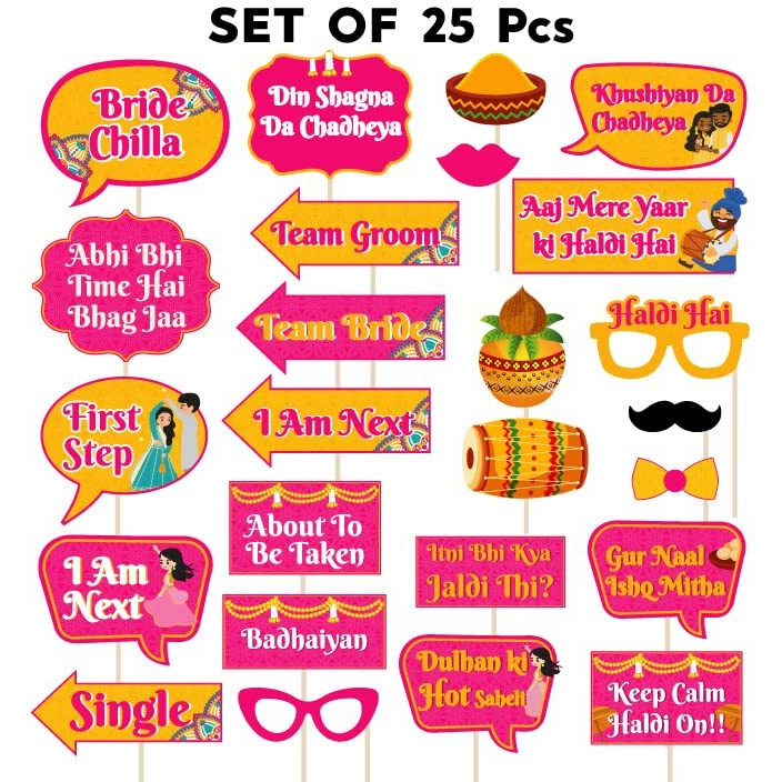 Festiko Haldi Ceremony Photo Booth Party Props Set Of 25 Pcs For Wedding Photo Booth/Haldi Photo Booth, Haldi Props For Bride And Family.