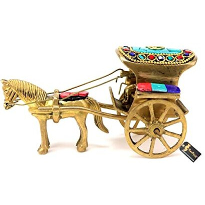 Two Moustaches Gemstone Work Brass Horse Cart Replica Decor Showpiece, Standard, Multicolored, Pack Of 1