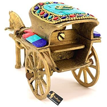 Two Moustaches Gemstone Work Brass Horse Cart Replica Decor Showpiece, Standard, Multicolored, Pack Of 1