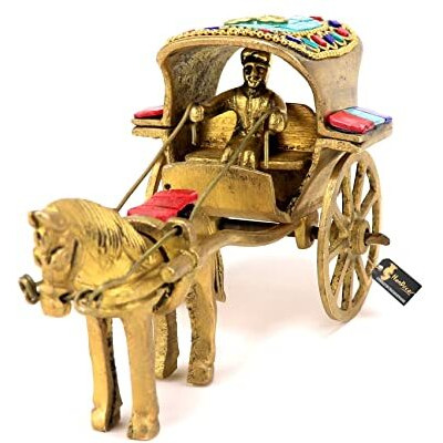 Two Moustaches Gemstone Work Brass Horse Cart Replica Decor Showpiece, Standard, Multicolored, Pack Of 1
