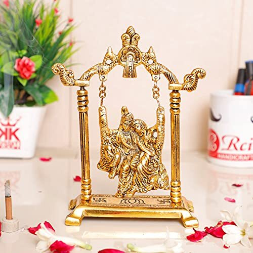 Kridaykraft Radha Krishna On Swing Jhula Metal Statue Gold Plated Decor Your Home,Office & Radha Krishna Murti,Showpiece Figurines,Religious Idol Gift Article...