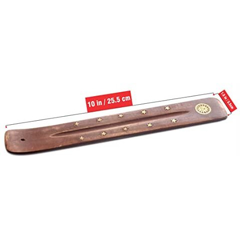 Pure Source India Wooden Incense Holder (10 X 1.5 X 1.5 Inch, Brown) Long Brass Inlay Sun Design