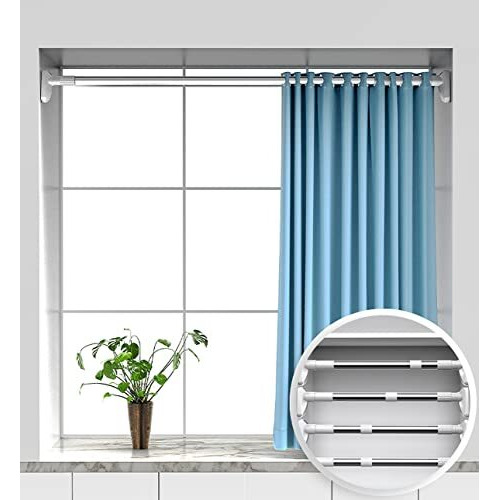 Wolpin 1 Pc Extendable Curtain Rod Bathroom Home (110-200 Cm Length) Rustproof Stainless Steel Adjustable Shower Curtain Tension Rod, No Drill, Silver White