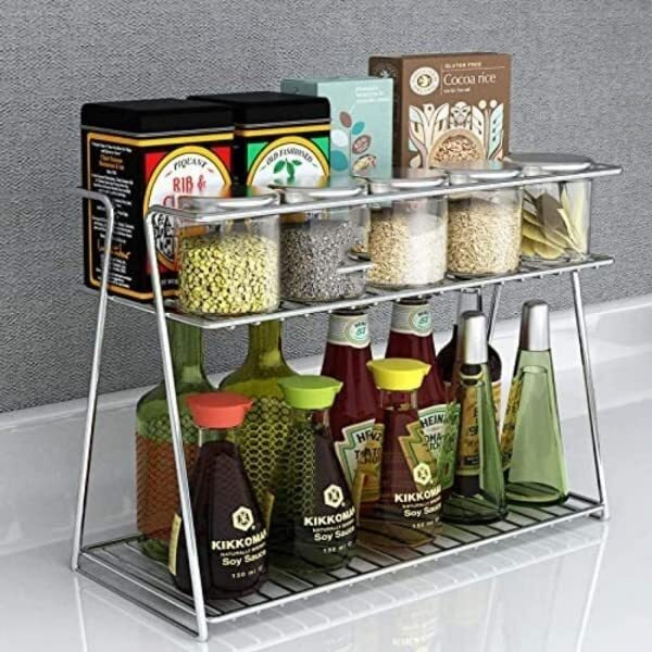 12For Collection 1Pcs Stainless Steel 2 Layer Spice Rack Corner Storage Rack And Spice Container Rack For Kitchen, Storage Shelf Rack Spice Rack Multipurpose Storage Rack For Kitchen (Silver, 1 Pc)