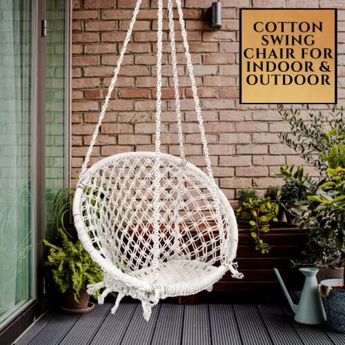 Patiofy Round Cotton Home Swing For Adults & Kids || Hammock Hanging Swing For Balcony, Indoor & Outdoor || Capacity Upto 120 Kgs || Handmade Home Jhula || Wooden Swing Chair (White)