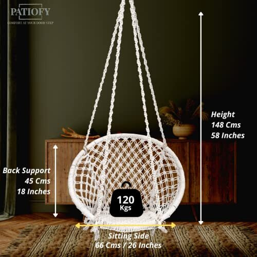 Patiofy Round Cotton Home Swing For Adults & Kids || Hammock Hanging Swing For Balcony, Indoor & Outdoor || Capacity Upto 120 Kgs || Handmade Home Jhula || Wooden Swing Chair (White)