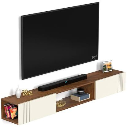Bluewud Darien Engineering Wood Wall Mount Tv Entertainment Unit Set Top Box Stand/Tv Cabinet With Shelves For Books & Dcor Display Unit Bed Living Room Upto 60 Inches (Brown Maple & White)