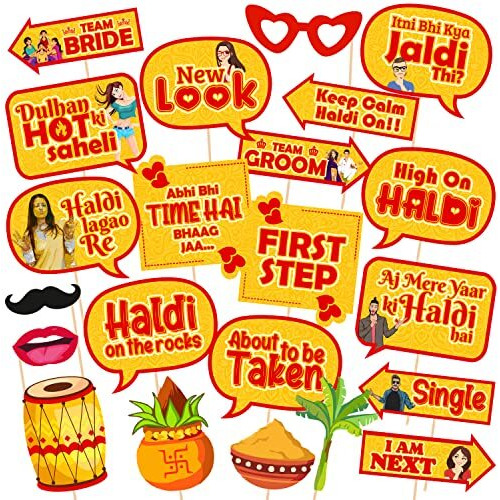 Zyozique 22 Pcs Mehandi Props For Photoshoot,Marriage Props For Wedding,Haldi Props For Bride And Family,Bride To Be Props,Haldi Lagao Re Props,Haldi Photo Booth Props,Haldi Props
