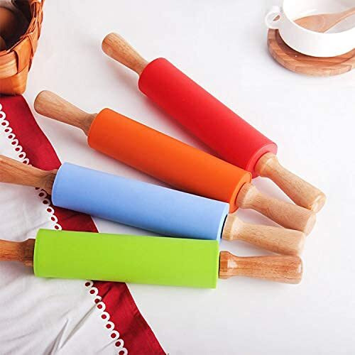 Zollyss Wooden Handle Silicone Rolling Pin Non Stick Surface Cooking Bakeware Tool(Random Color)