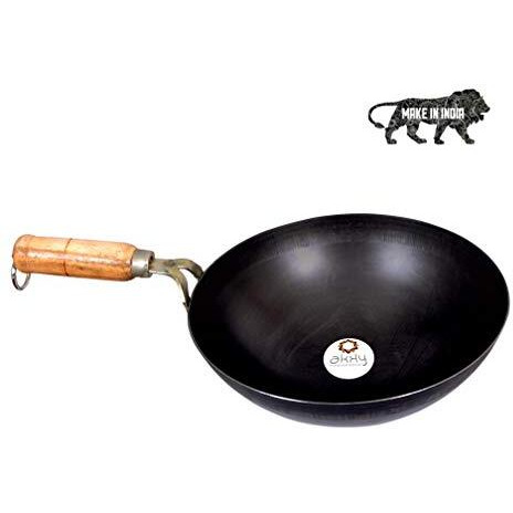 Akky Original Iron/Loha Kadhai/Fry Kadhai Bottom Deep Chinese Wok With Wooden Handle For Frying And Cooking (10 Inch / 25.4 Cm), 2.5L