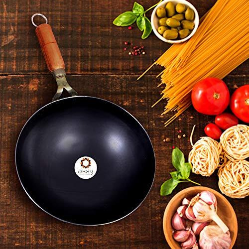 Akky Original Iron/Loha Kadhai/Fry Kadhai Bottom Deep Chinese Wok With Wooden Handle For Frying And Cooking (10 Inch / 25.4 Cm), 2.5L