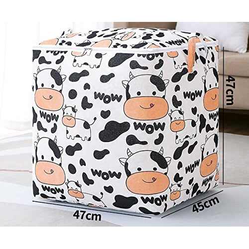 Wolpin Fabric Quilt Storage Bag Large Foldable With Zip Closer & Handle Moisture-Proof Waterproof Clothes Blankets Storage Organiser Cows - 100 Litres, White