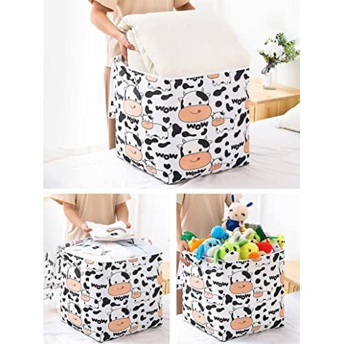 Wolpin Fabric Quilt Storage Bag Large Foldable With Zip Closer & Handle Moisture-Proof Waterproof Clothes Blankets Storage Organiser Cows - 100 Litres, White