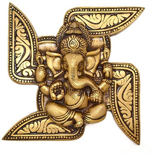 Two Moustaches Brass Ganesha Swastika Wall Hanging, Brass Ganesha For Decor (7 X 7 Inches, Yellow)