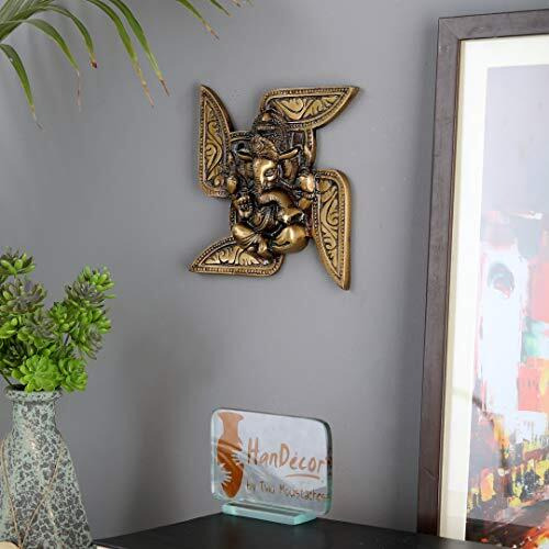 Two Moustaches Brass Ganesha Swastika Wall Hanging, Brass Ganesha For Decor (7 X 7 Inches, Yellow)