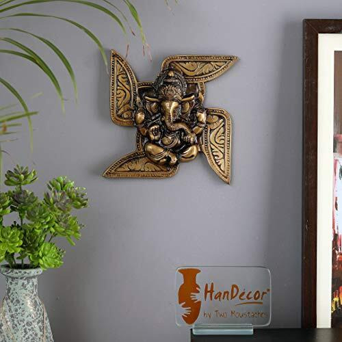 Two Moustaches Brass Ganesha Swastika Wall Hanging, Brass Ganesha For Decor (7 X 7 Inches, Yellow)