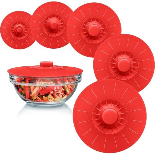 Karp Silicone Bowl Lids Red Set Of 5 Reusable Suction Seal Covers For Bowls, Pots, Cups. Food Safe. Natural Grip, Interlocking Handles For Easy Use And Storage (Size 5.2", 6", 7.1", 7.9" & 10.3")