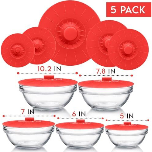 Karp Silicone Bowl Lids Red Set Of 5 Reusable Suction Seal Covers For Bowls, Pots, Cups. Food Safe. Natural Grip, Interlocking Handles For Easy Use And Storage (Size 5.2", 6", 7.1", 7.9" & 10.3")
