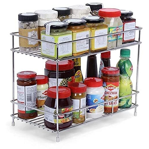 Cr18 Collection Big Size Steel 2-Tier Kitchen Rack/Spice Shelf/Pantry/Daal Shelf Premium Storage Organiser Heavy Duty (Glossy Chrome) Rack For Utensils Dal Masala Kitchen Storage Rack, Tiered Shelf
