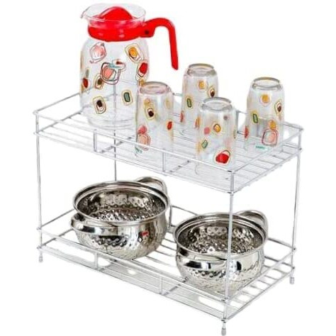 Cr18 Collection Big Size Steel 2-Tier Kitchen Rack/Spice Shelf/Pantry/Daal Shelf Premium Storage Organiser Heavy Duty (Glossy Chrome) Rack For Utensils Dal Masala Kitchen Storage Rack, Tiered Shelf