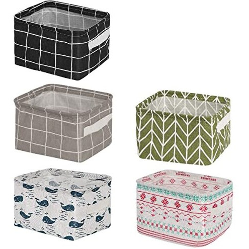 Xamile Foldable Mini Square Storage Basket - Set Of 5 Small Collapsible Canvas Containers Organizers With Handle(Cotton, BlackWhiteGreyBlueGreenMulticolor)