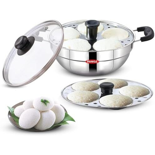 Panca Stainless Steel Idli Maker 2 Plates With Glass Lid, Makes 10 Idli, Premium Idli Cooker,Multipurpose Kadai For Cooking And Serving,Premium Idli Pot With Glass Lid (10 Idli)
