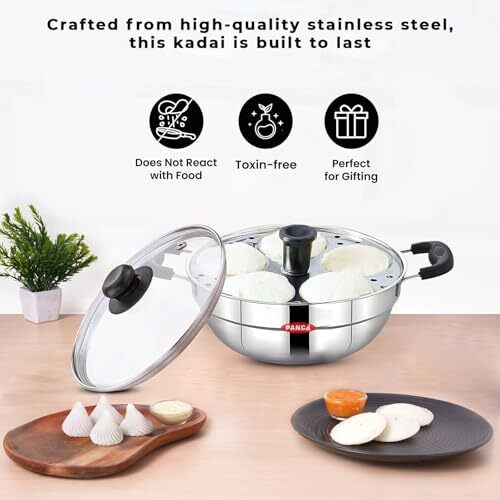 Panca Stainless Steel Idli Maker 2 Plates With Glass Lid, Makes 10 Idli, Premium Idli Cooker,Multipurpose Kadai For Cooking And Serving,Premium Idli Pot With Glass Lid (10 Idli)
