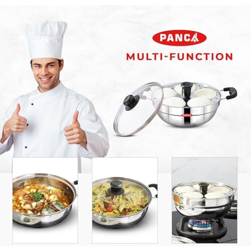 Panca Stainless Steel Idli Maker 2 Plates With Glass Lid, Makes 10 Idli, Premium Idli Cooker,Multipurpose Kadai For Cooking And Serving,Premium Idli Pot With Glass Lid (10 Idli)