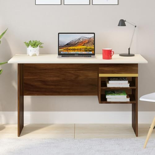 Bluewud Amalet Engineered Wood Study And Computer Laptop Table For Home Or Office, Wfh Desk, With Drawer Shelves Storage For Books For Adults Kids Students (Brown Maple With Gold Motif)