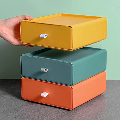 Amazon Brand - Umi 3 Pc Plastic Stackable Multi-Layer Drawer Rectangular Storage Box Stationery Jewelry Makeup Bathroom Office Accessories Tool Desktop Organizer Container - Random Color