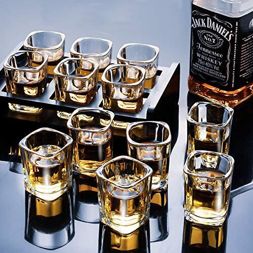 Vilon Premium Heavy Base Shot Glass Set 12 | Crystal Square Shot Glasses For Party Bar, Vodka & Tequila | 60 Ml | Transparent(Brown Tray Not Include)