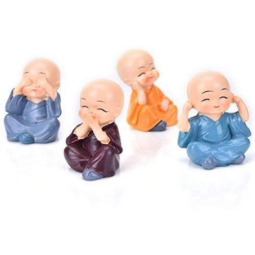 Tied Ribbons Polyresin Buddha Monk Car Dashboard Showpiece, Standard, Multicolor, 4 Piece, Wedding