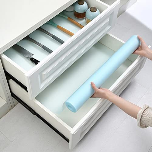 Wolpin Anti-Slip Solid Kitchen Cabinet Drawer Shelf Mat Liner Sheets(45 Cmx3 M Roll)Waterproof Strong Table Mat For Bathroom,Fridge Mat Textured Multipurpose(Transparent,Blue),Ethylene Vinyl Acetate