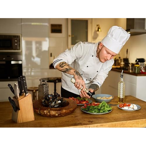 Udgamy Wooden Knife Stand For Kitchen With 6 Knife Slot, 1 Sharpener Rod & Scissor Slot- Knife Holder For Kitchen- Knife Holder Stand-Knife Stand Without Knife, Large
