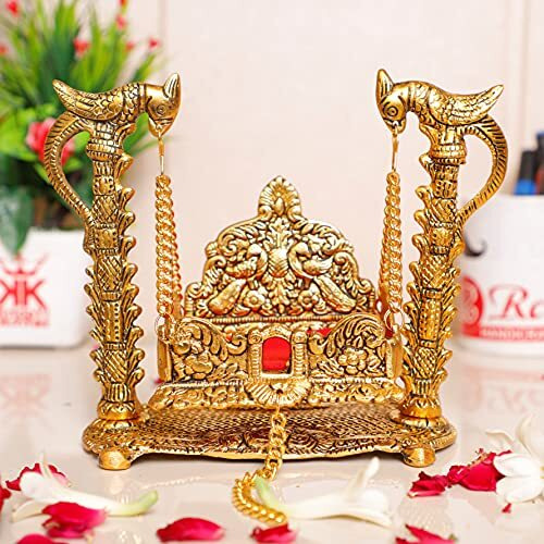 Kridaykraft Metal Swing Laddu Gopal Jhula,Krishna Hindola Palana,Decorative Laddu Gopal For Temple Pooja,Showpiece Figurines,Religious Idol Gift Article...