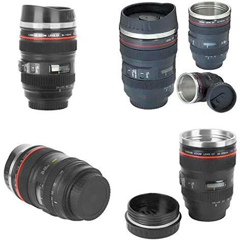 Inditradition Camera Lens Coffee Mug | Steel Insulated Travel Mug, Thermos (400 Ml, Black)