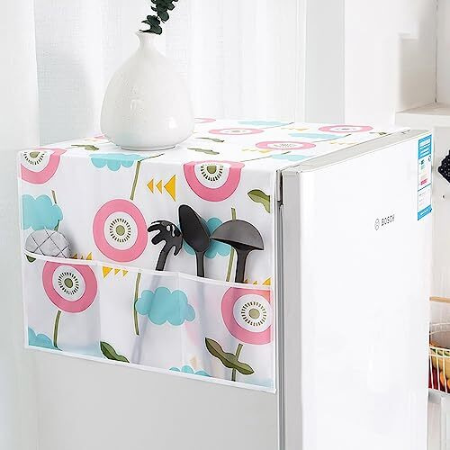 Wolpin 1Pc Fridge Cover For Top With 6 Utility Pockets Designer Dandelions Prints Refrigerator Dust Cover Waterproof (130 X 54 Cm, Single Door)