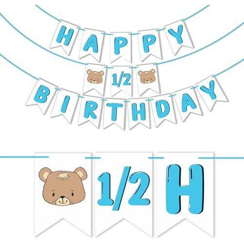 Wobbox Birthday Bunting Banner&quotIts My Half Birthday" Blue Text & Bear, Birthday Decoration Item, Medium (Wobox1681)