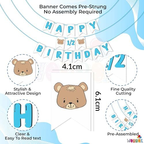 Wobbox Birthday Bunting Banner&quotIts My Half Birthday" Blue Text & Bear, Birthday Decoration Item, Medium (Wobox1681)