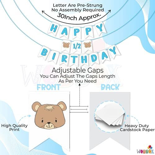 Wobbox Birthday Bunting Banner&quotIts My Half Birthday" Blue Text & Bear, Birthday Decoration Item, Medium (Wobox1681)
