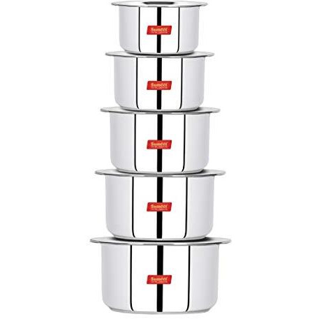 Sumeet Induction & Gas Stove Friendly Stainless Steel 5 Pcs Big Size Container Set/Tope/Cookware Set With Lids (1 Ltr To 3 Ltr), 10 Pcs Set, White