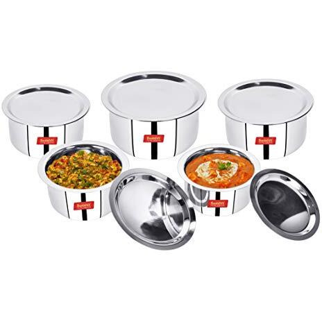 Sumeet Induction & Gas Stove Friendly Stainless Steel 5 Pcs Big Size Container Set/Tope/Cookware Set With Lids (1 Ltr To 3 Ltr), 10 Pcs Set, White