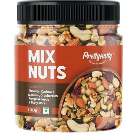 Prettynutty Healthy Nutmix 100G, Dried Almonds, Black Raisins, Cashewnuts, Cranberries, Green Raisins & Many More.