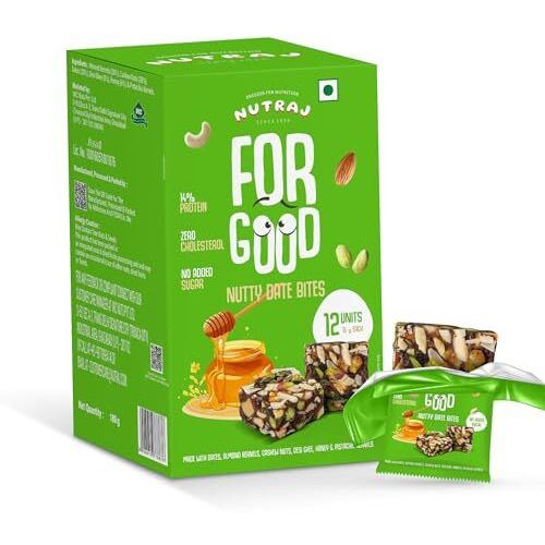 Nutraj Nutty Date Bites 360G (180G X 2 Boxes) | 12 Bites In Each Box I Dates Barfi Made With Dates, Pistachio, Cashew, Almond, Honey & Desi Ghee I Dry Fruits Nuts |No Added Sugar | Cholesterol Free